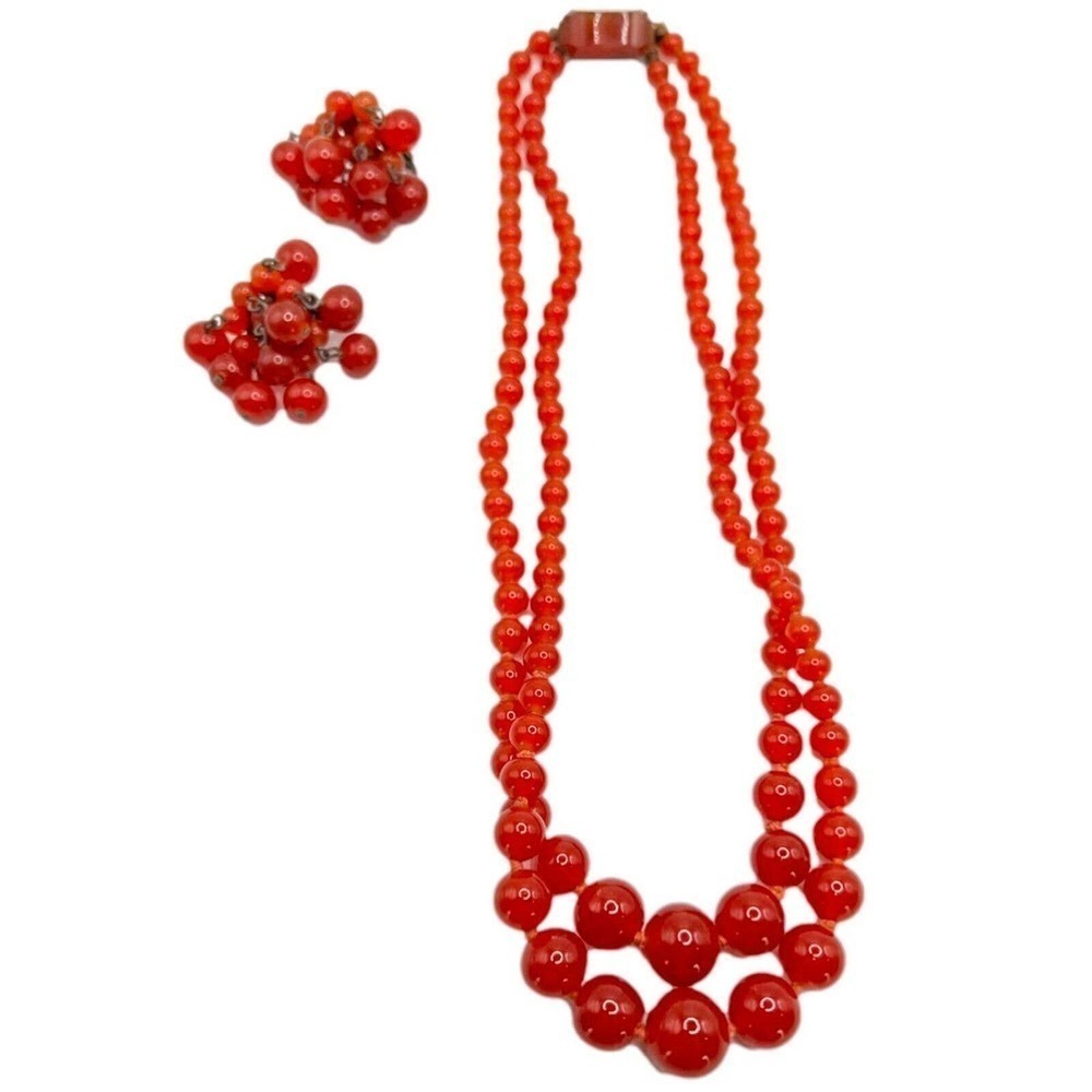 Vintage 60s Red Double Strand Glass Beaded Choker & Clip Earrings Set